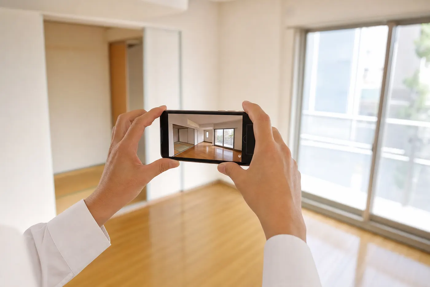 スマートフォンで空室の室内を撮影しているところ